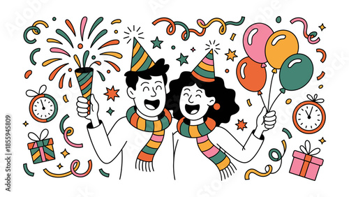 New Year Celebration: A joyful couple celebrates the New Year, surrounded by festive confetti, party favors, and the anticipation of a fresh start, captured in a vibrant and celebratory illustration.