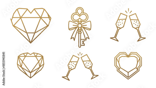 Elegant Golden Symbols: A set of exquisite golden icons, each designed with meticulous detail and a touch of refinement. It features a pair of champagne glasses in toast.