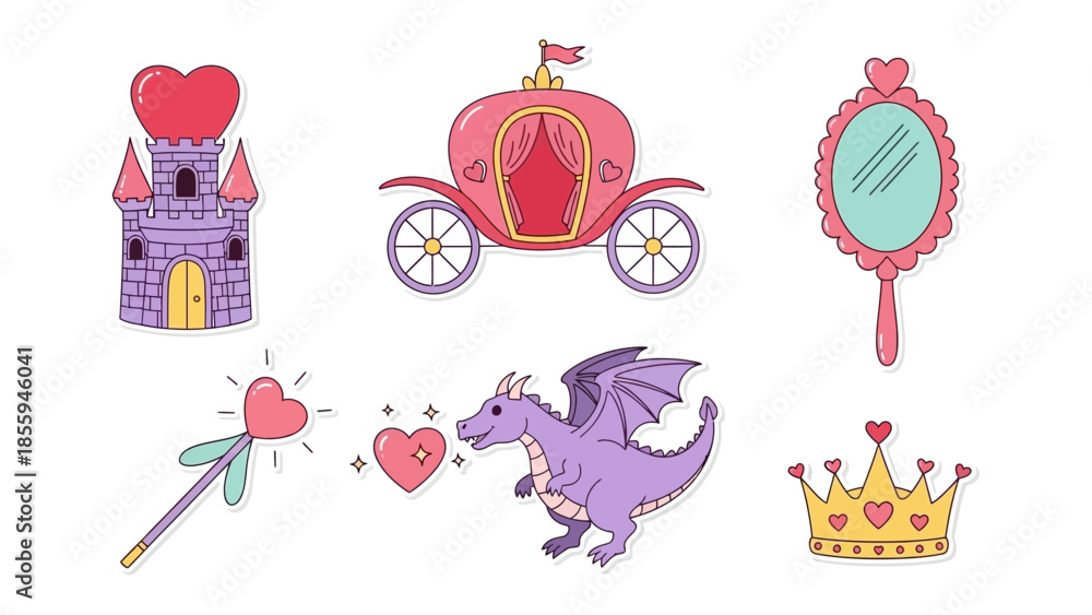 Naklejka premium Magical Kingdom Elements: A vibrant collection of whimsical illustrations, including a castle, carriage, mirror, wand, dragon, and crown. Ideal for projects needing a touch of fantasy.