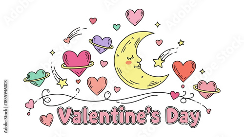 Valentine's Day Design: Playful illustration features a crescent moon, hearts, planets and stars. Capturing the spirit of love and affection.