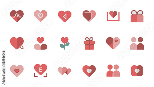 Valentine's Day Icon Set: An assortment of heart-shaped icons in varying shades of pink and red. Showcasing love, affection, and emotional connection.