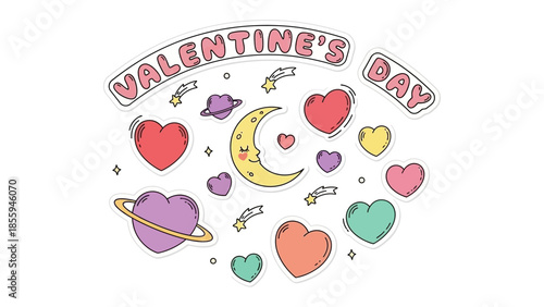 Whimsical Valentine's Day Collage: A charming collection of colorful heart icons and celestial elements like the moon and stars, perfect for celebrating the day of love.