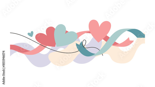 Hearts in Bloom: Playful hearts, vibrant ribbons intertwine to craft a whimsical design, celebrating love and joy in every curve and hue.