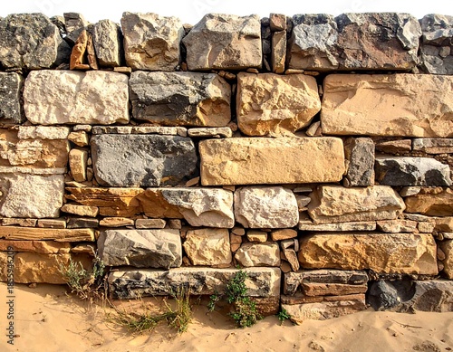 Close-up of a rugged stone wall with varying hues, juxtaposed against a sandy surface. Small green plants grow in the crevices