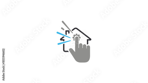 Hand Cursor Clicking on House Icon with Gear Symbol and Energy Burst.