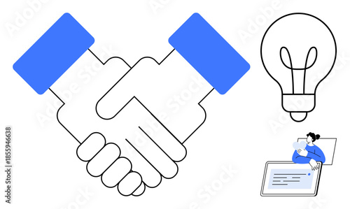 Business collaboration. Handshake partnership, lightbulb for innovation, and digital workflow reflecting productivity. Business collaboration for teamwork, strategy, technology, partnerships