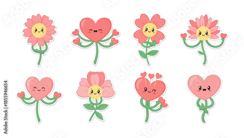 Playful Flora Collection: An adorable set of cartoonish flowers and hearts exuding joy, ideal for projects seeking a touch of whimsy and affection. 