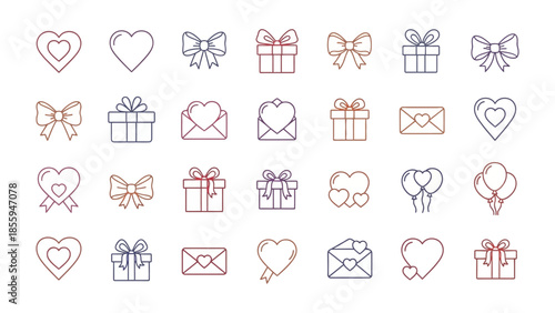 Love Symbols and Gift Icons: A collection of charming love-themed symbols, including hearts, bows, gift boxes, and envelopes, artfully arranged to capture the essence of affection and thoughtfulness.