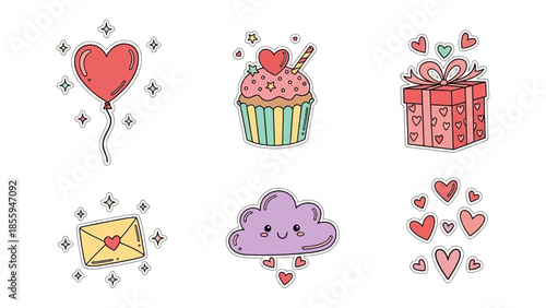 Sweet Gestures of Affection: An array of delightful elements symbolize the tenderness of love, the collection includes a heart-shaped balloon, a cupcake with a heart topper.