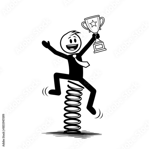 Cartoon Character Jumping with Trophy on Spring.