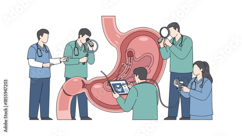 Medical team performing diagnostic procedures inside a detailed stomach illustration