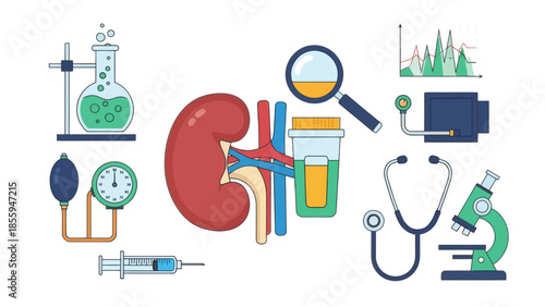 Medical laboratory analysis of kidney function with scientific equipment and test tubes