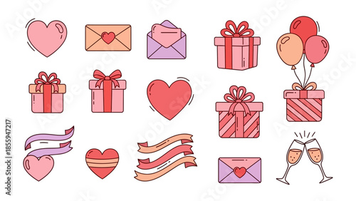 Love-themed Set of Icons: a collection of elegant illustrations, expressing love, relationships, joy and celebration.