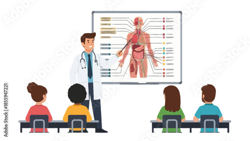 medical education illustration showing a doctor teaching students about human anatomy with labeled
