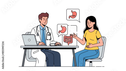 Medical consultation illustrating patient discussing digestive health with doctor featuring