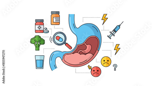 Creative medical illustration depicting stomach pain causes and symptoms