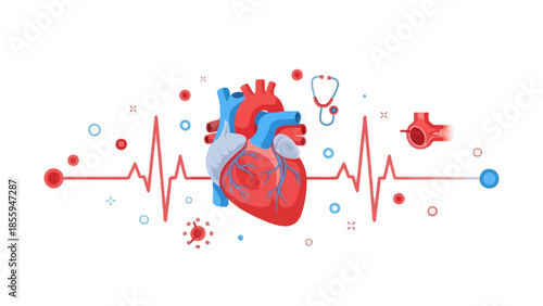 Stylized Medical Illustration of a Human Heart with Cardiovascular Symbols and EKG Line
