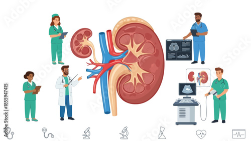 detailed medical illustration of kidney with healthcare professionals analyzing renal system
