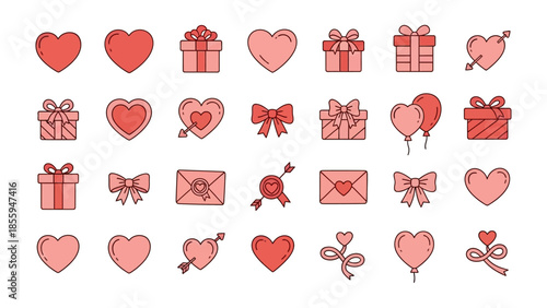 Heart and Love Icon Set: A delightful array of hearts, gift boxes, bows, envelopes, balloons, and cupid's arrow, painted in a soft, romantic palette of red and pink.