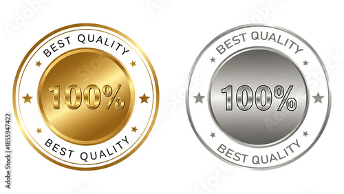 Gold and silver 100 percent best quality award badges. Premium metallic guarantee seals with stars and circular border, Icon, Logo, Sticker,isolated quality assurance label design