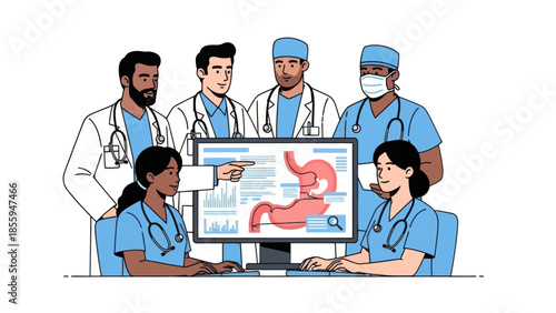Healthcare professionals collaborating on digestive health diagnosis using digital imaging and