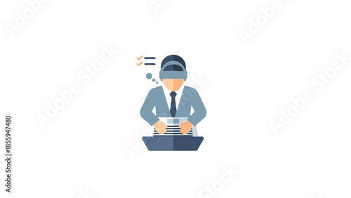 Man in Suit Wearing VR Headset Typing on Keyboard.