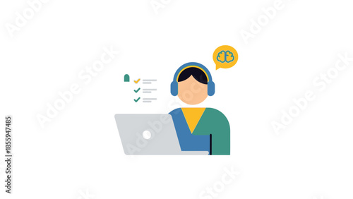 Customer service representative working on laptop with headphones and checklist.