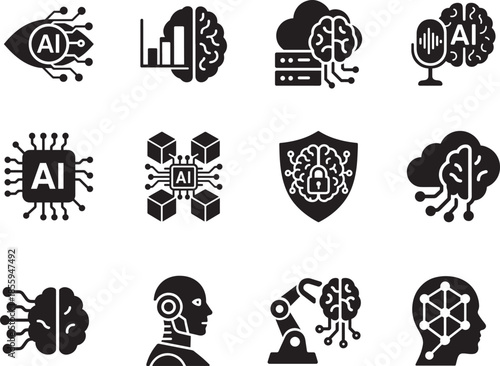Artificial intelligence icons set featuring AI, machine learning, robotics, data, cloud tech for digital use.