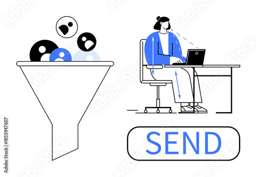 Data filtering. Funnel processes multiple inputs, preparing optimized information for online transmission. Data filtering ensures accuracy and efficiency. For business, analytics, software