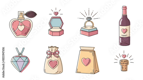 A Romantic Gift Set: Depicting a selection of romantic gifts, each item is a symbol of love and affection, carefully curated to evoke feelings of warmth and tenderness.