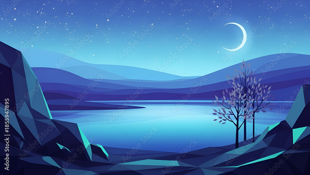 Fototapeta premium A serene crescent moon shines over a tranquil lake surrounded by rolling hills and rocky shores under a starry night sky.