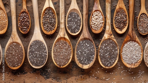 Chia Seeds and Flax Seeds in Wooden Spoons with Copy Space Healthy Food Concept
