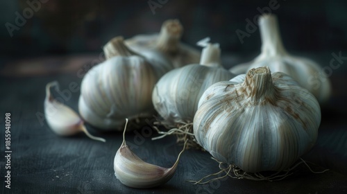 Luxury Styled Garlic Bulbs with Dramatic Golden Light on Dark Background
