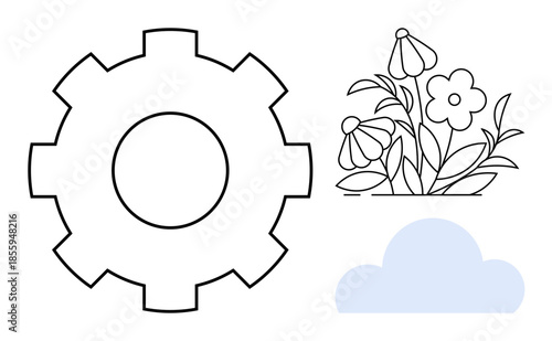 Technology, nature, engineering, balance, minimalism, and design. Gear outline, floral sketch and a blue cloud. Technology and nature concept blended with minimalistic design
