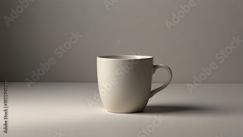 White cup sitting on top of white table next to gray wall.