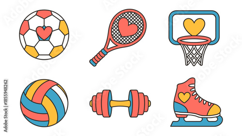 Sports Icons with a Touch of Heart: A vibrant array of sports equipment illustrations, each featuring a heart, celebrates the joy and passion of sports and athletic activities. 