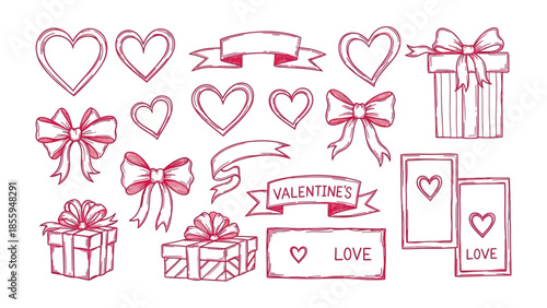 Valentine's Day Elements Collection: An array of romantic elements, including hearts, ribbons, gift boxes, and banners, perfect for expressing love and affection on Valentine's Day.