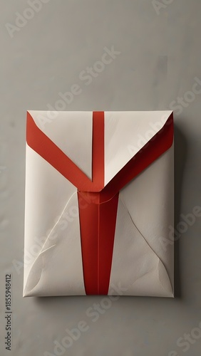 White envelope with red ribbon and red bow front of it on.