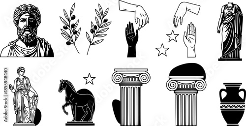 Isolated greek statues in modern style. Linear set antique aesthetic statues of mystical god, olive branches, hands, stars, columns, horse and pottery. Creative silhouette for poster design, wall