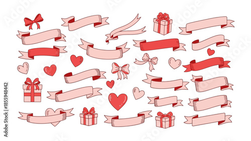 Valentine's Day Ribbons and Gifts: A charming collection of Valentine's Day ribbons, gift boxes, and heart, perfect for expressing love and affection.