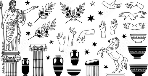 Isolated greek statues in modern style. Linear set antique aesthetic statues of mystical god, olive branches, hands, stars, columns, horse and pottery. Creative silhouette for poster design, wall