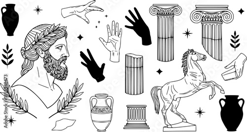 Isolated greek statues in modern style. Linear set antique aesthetic statues of mystical god, olive branches, hands, stars, columns, horse and pottery. Creative silhouette for poster design, wall