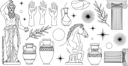 Isolated greek statues in modern style. Linear set antique aesthetic statues of mystical god, olive branches, hands, stars, columns, horse and pottery. Creative silhouette for poster design, wall