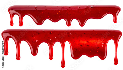 Two horizontal stripes of glossy red, viscous, dripping liquid against a black background