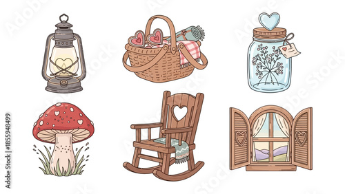 Cozy Cottagecore Collection: A charming compilation of rustic and homely elements, perfect for evoking warmth and nostalgia. featuring a vintage lantern, wicker basket, glass jar, mushroom.