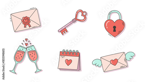 Valentine's Day Icon Set: A charming set of icons symbolizing love, romance, and special moments, perfect for conveying warm wishes and heartfelt sentiments.