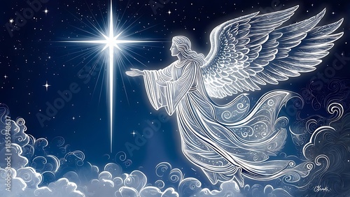 A celestial being with large feathered wings hovers against a starry night sky. The being reaches towards a bright star, surrounded by clouds