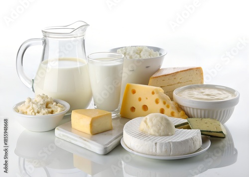 fresh dairy products assortment on white background