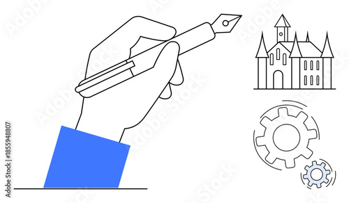 Creativity, innovation, manual work, art, engineering, design. A hand holding a fountain pen, drawing gears and a castle. Creativity and innovation are reflected in the pen and gears