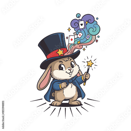 Enchanting cartoon rabbit magician character illustration performing a captivating magic trick with a top hat, cape, sparkling wand, and playing cards emerging from a whimsical swirl
